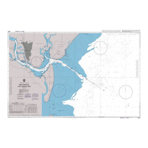 Product image of Admiralty Chart 2810 | Brunswick and Approaches, featuring navigational markings, depth soundings, and coastal features, essential for safe marine navigation. It could be displayed as an art piece or used for navigation on a boat or ship.