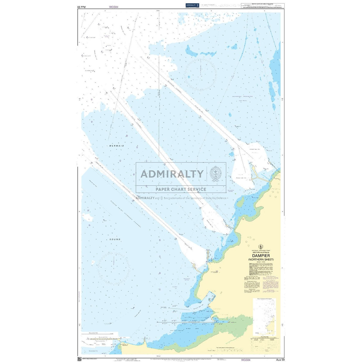 Admiralty Chart AUS59: Dampier (Northern Sheet) by Admiralty displays coastal outlines, islands, water depths, navigation markers, and shipping routes near Dampier, Western Australia. Includes chart title, scale, and mapping details.