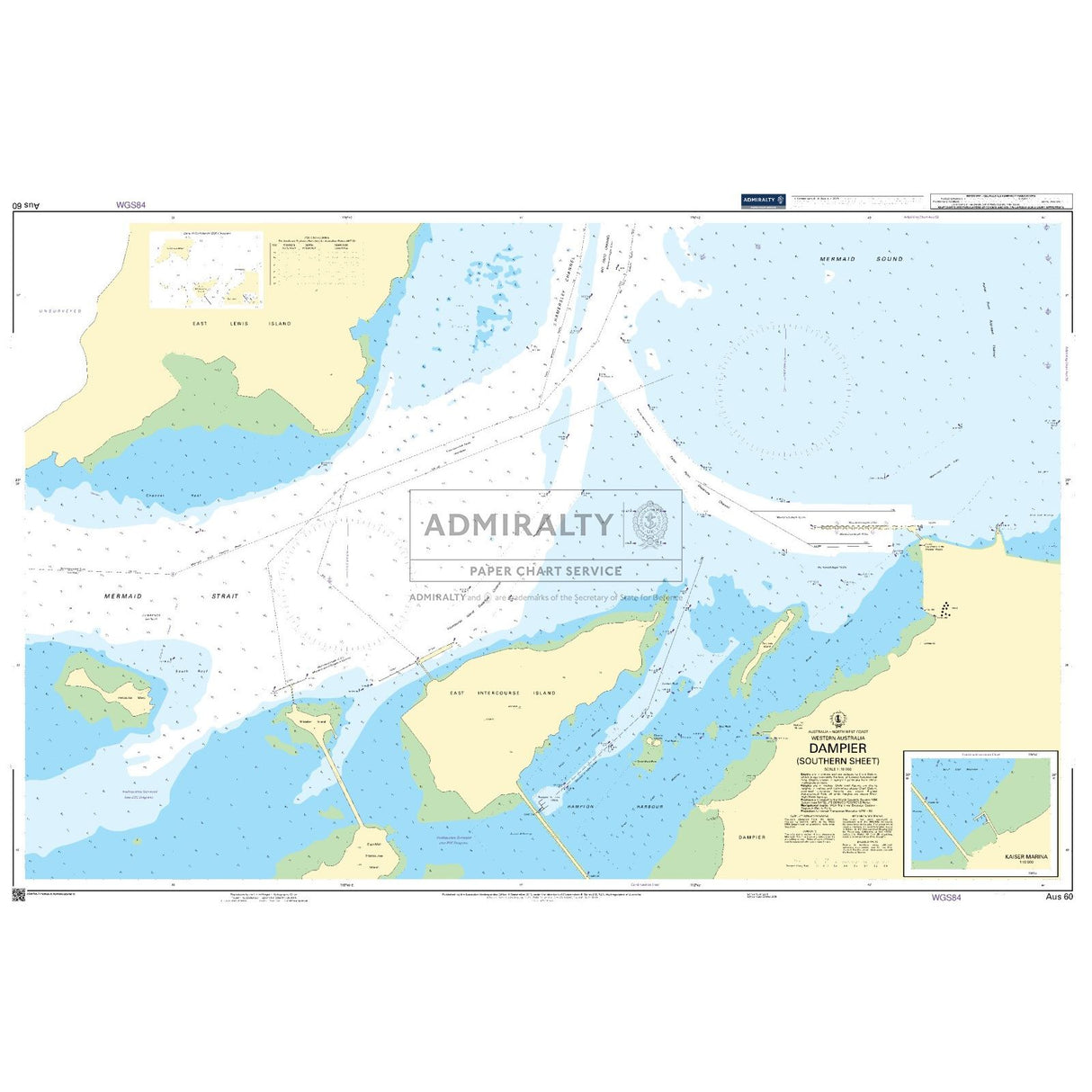 Admiralty Chart AUS60: Dampier (Southern Sheet) by Admiralty shows waterways, coastlines, and water depths with shaded color, produced to Admiralty Standard Nautical Chart specs with a title box at the lower right.
