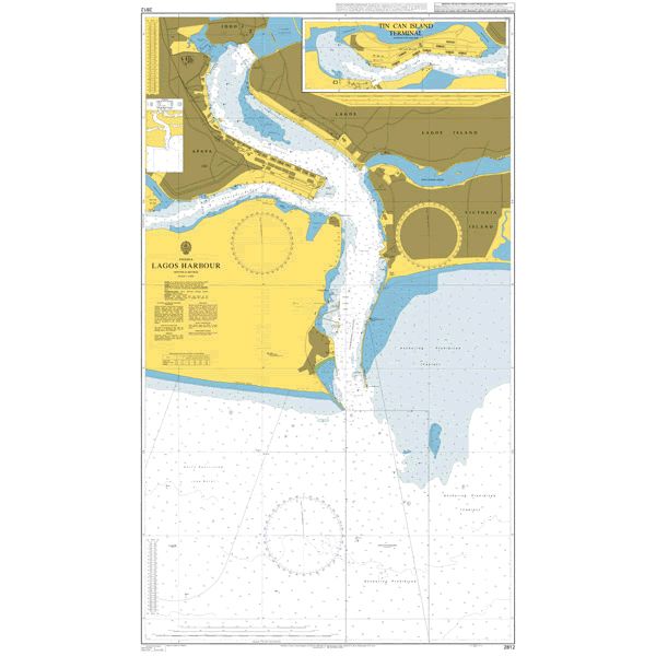Product image of Admiralty Chart 2812 | Lagos Harbour, featuring navigational markings, depth soundings, and coastal features, essential for safe marine navigation. It could be displayed as an art piece or used for navigation on a boat or ship.