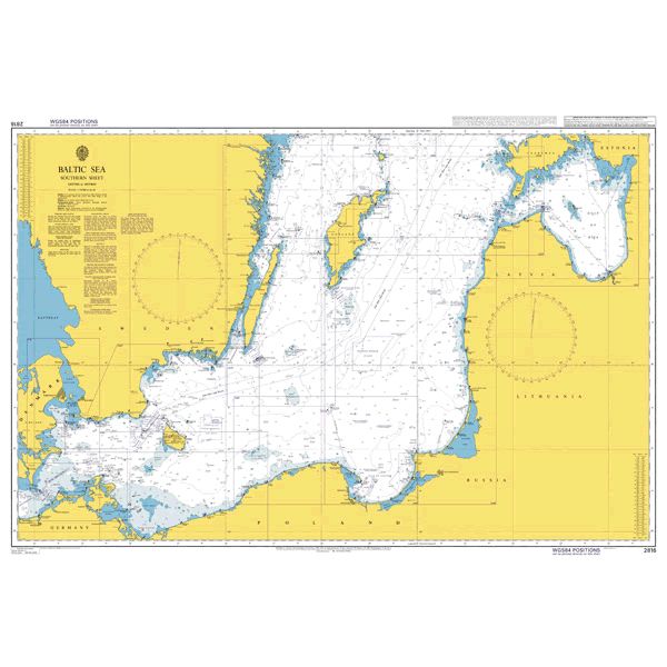 Product image of Admiralty Chart 2816 | Baltic Sea Southern Sheet, featuring navigational markings, depth soundings, and coastal features, essential for safe marine navigation. It could be displayed as an art piece or used for navigation on a boat or ship.