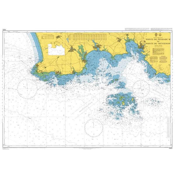 Product image of Admiralty Chart 2820 | Pointe de Penmarc`h to Pointe de Trevignon, featuring navigational markings, depth soundings, and coastal features, essential for safe marine navigation. It could be displayed as an art piece or used for navigation on a boat or ship.