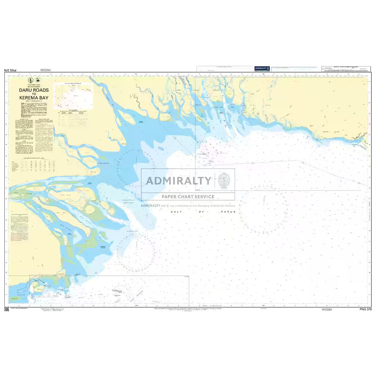 Product image of Admiralty Chart PNG378 | Daru Roads to Kerema Bay, featuring navigational markings, depth soundings, and coastal features, essential for safe marine navigation. It could be displayed as an art piece or used for navigation on a boat or ship.