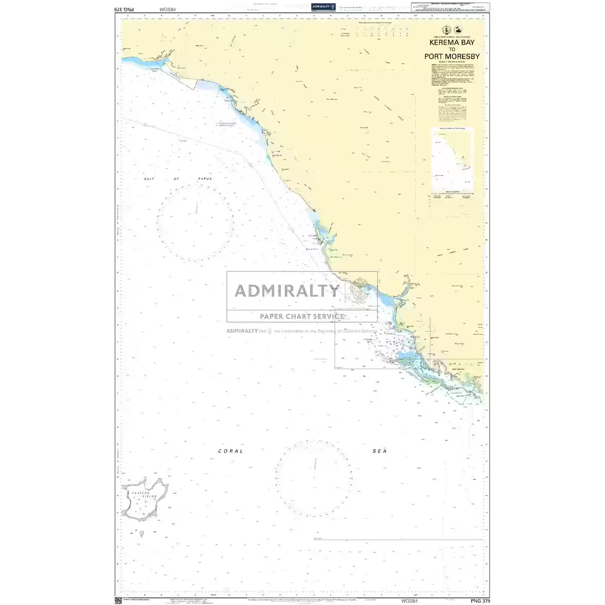Product image of Admiralty Chart PNG379 | Kerema Bay to Port Moresby, featuring navigational markings, depth soundings, and coastal features, essential for safe marine navigation. It could be displayed as an art piece or used for navigation on a boat or ship.
