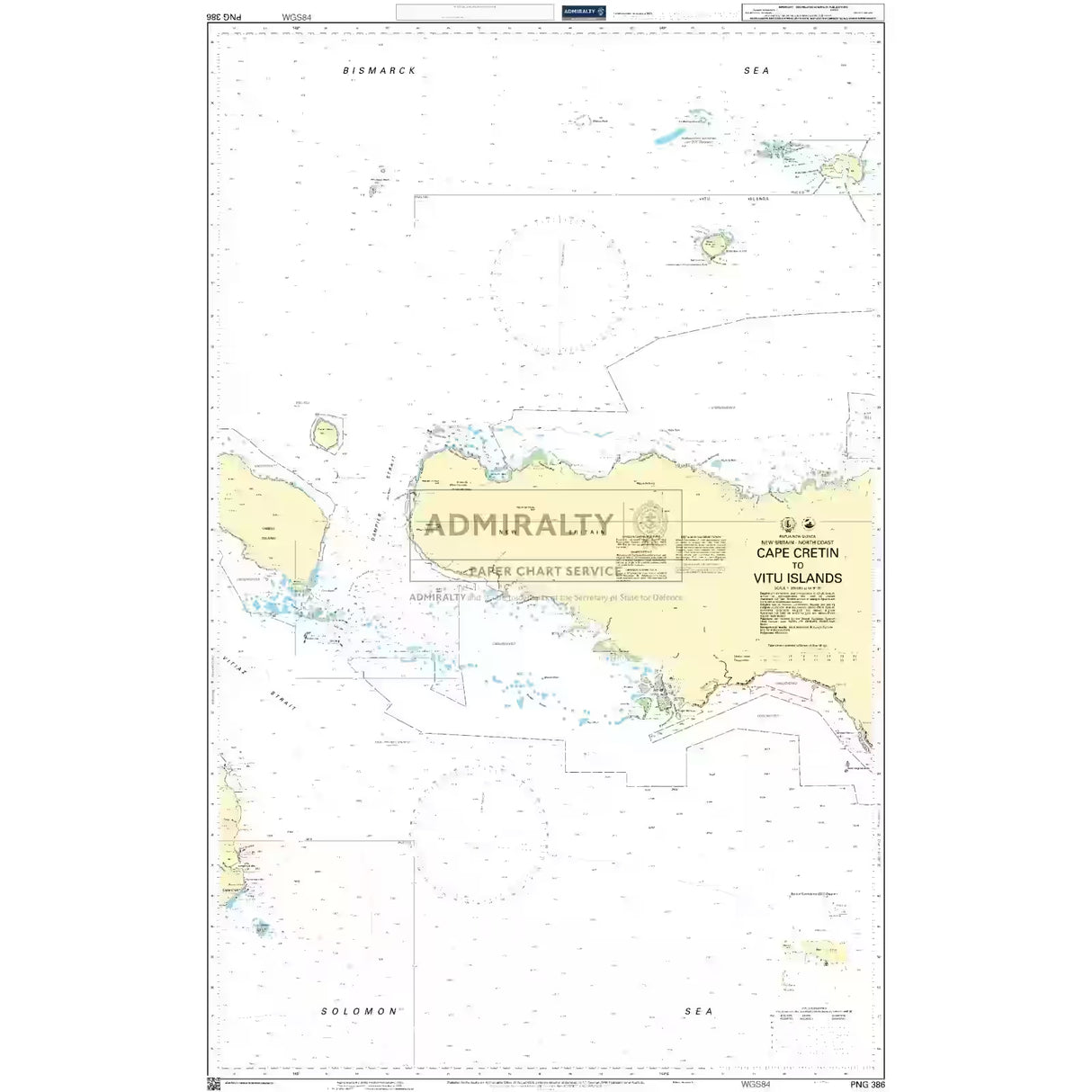 Product image of Admiralty Chart PNG386 | Cape Cretin to Vitu Islands, featuring navigational markings, depth soundings, and coastal features, essential for safe marine navigation. It could be displayed as an art piece or used for navigation on a boat or ship.