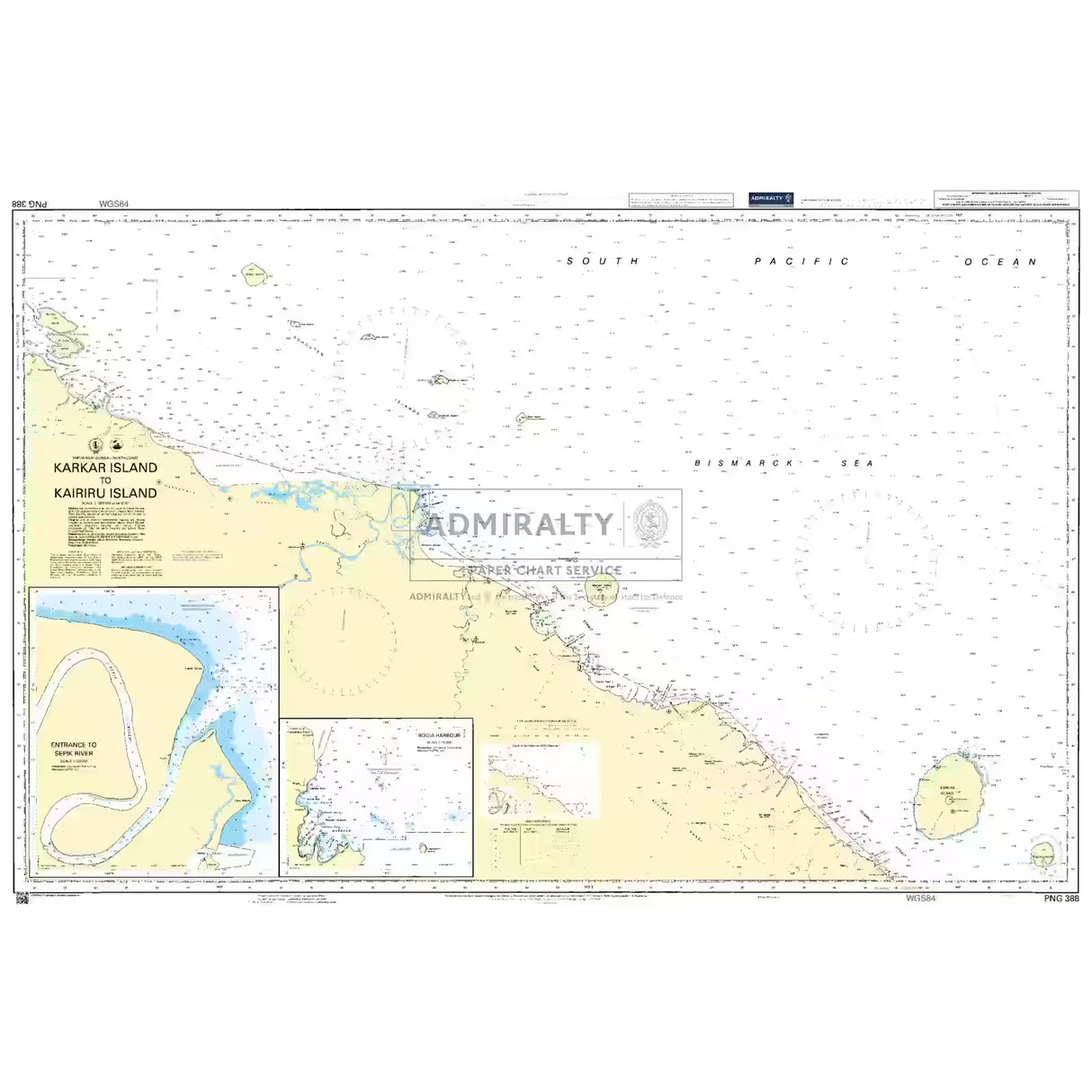 Product image of Admiralty Chart PNG388 | Karkar Island to Kairiru Island, featuring navigational markings, depth soundings, and coastal features, essential for safe marine navigation. It could be displayed as an art piece or used for navigation on a boat or ship.