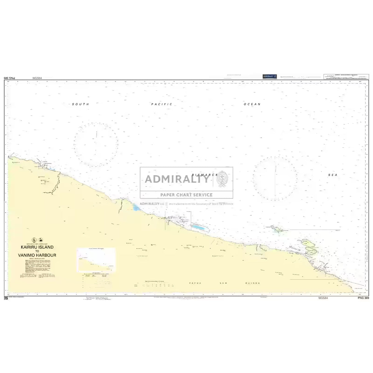 Product image of Admiralty Chart PNG389 | Kairiru Island to Vanimo Harbour, featuring navigational markings, depth soundings, and coastal features, essential for safe marine navigation. It could be displayed as an art piece or used for navigation on a boat or ship.
