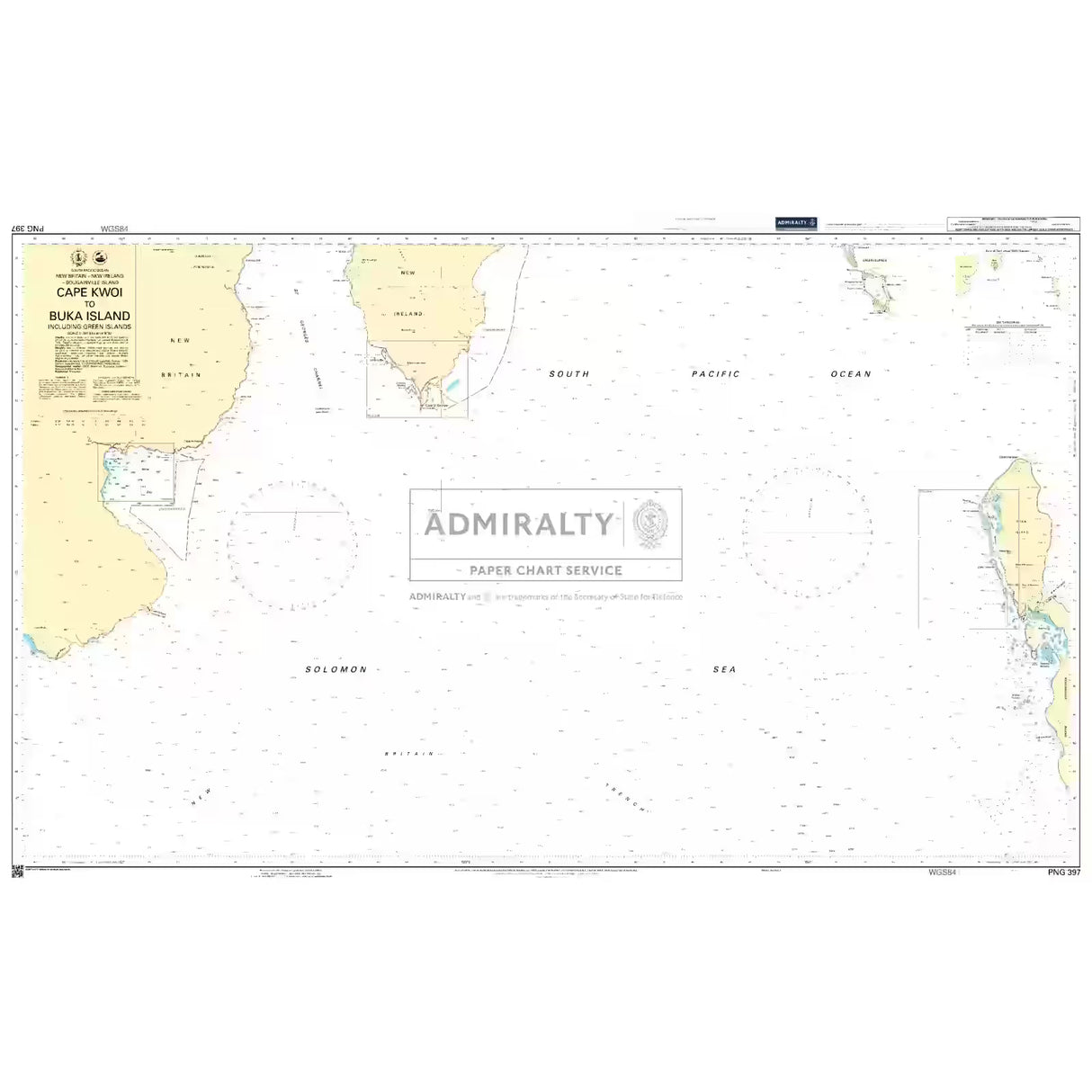 Product image of Admiralty Chart PNG397 | Cape Kwoi to Buka Island including Green Islands, featuring navigational markings, depth soundings, and coastal features, essential for safe marine navigation. It could be displayed as an art piece or used for navigation on a boat or ship.