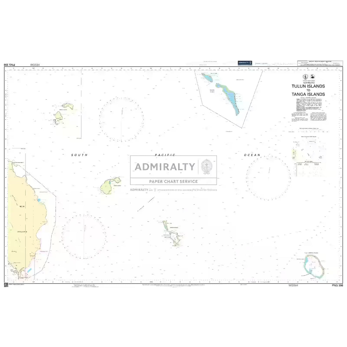 Product image of Admiralty Chart PNG398 | Tulun Islands to Tanga Islands, featuring navigational markings, depth soundings, and coastal features, essential for safe marine navigation. It could be displayed as an art piece or used for navigation on a boat or ship.