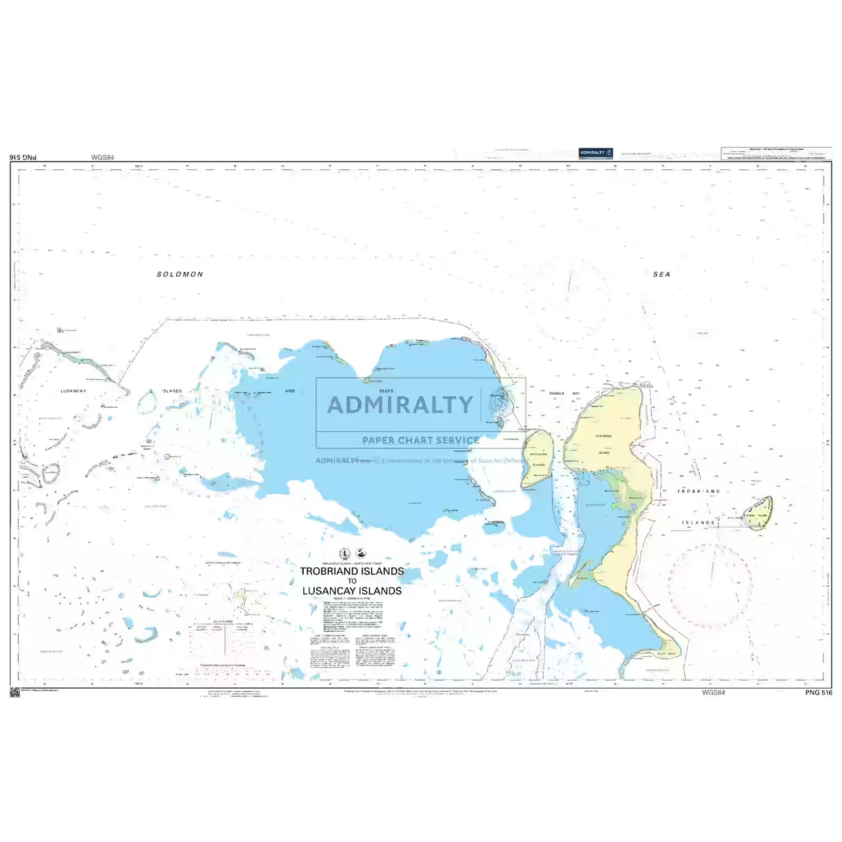 Product image of Admiralty Chart PNG516 | Trobriand Islands to Lusancay Islands, featuring navigational markings, depth soundings, and coastal features, essential for safe marine navigation. It could be displayed as an art piece or used for navigation on a boat or ship.