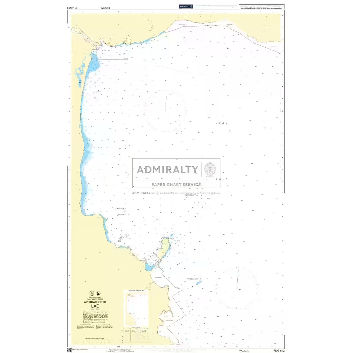 Product image of Admiralty Chart PNG643 | Approaches to Lae, featuring navigational markings, depth soundings, and coastal features, essential for safe marine navigation. It could be displayed as an art piece or used for navigation on a boat or ship.
