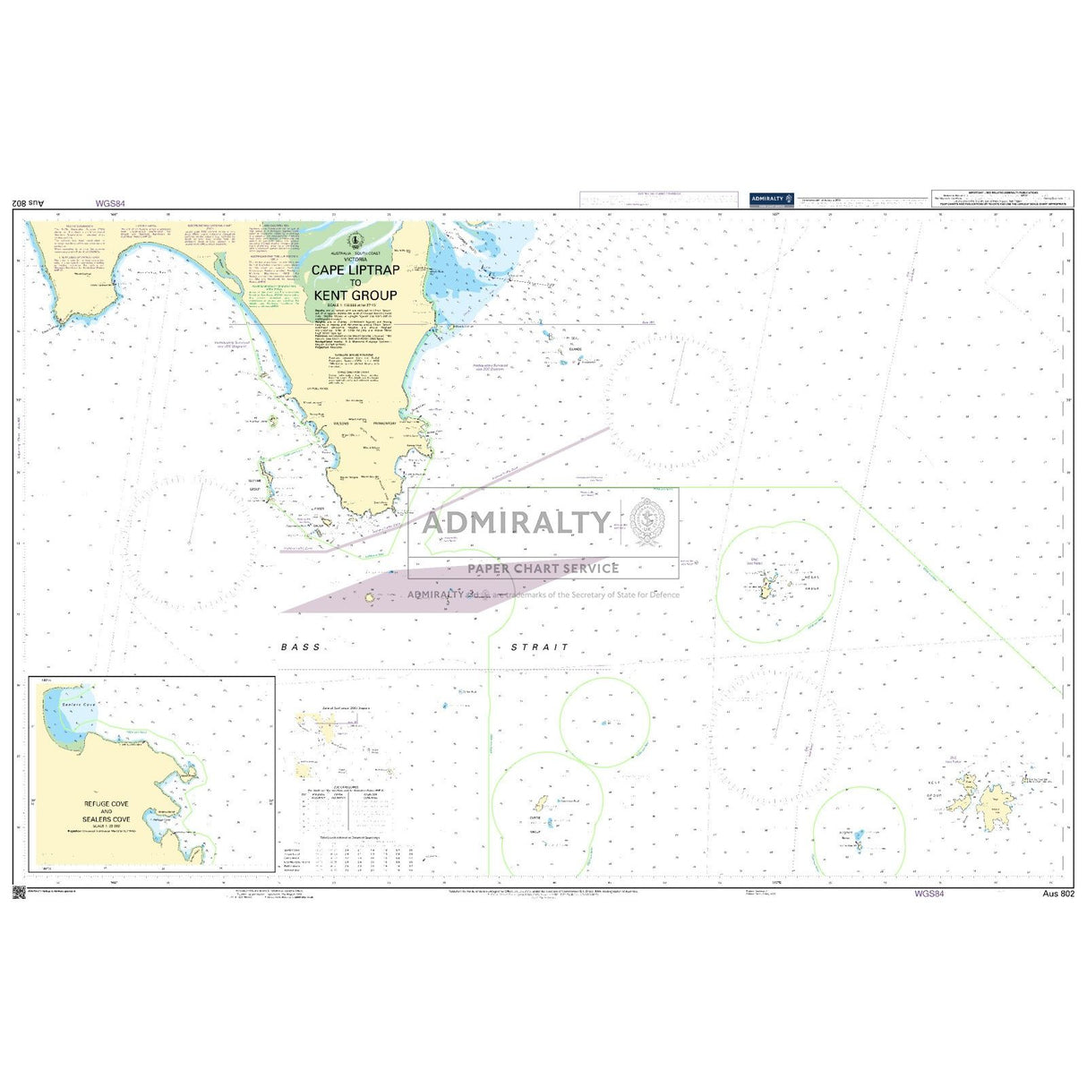 Admiralty Chart AUS802: Cape Liptrap to Kent Group by Admiralty provides a detailed nautical map of southeastern Australia, featuring coastal outlines, islands, depths, navigational aids, and labeled inset maps.