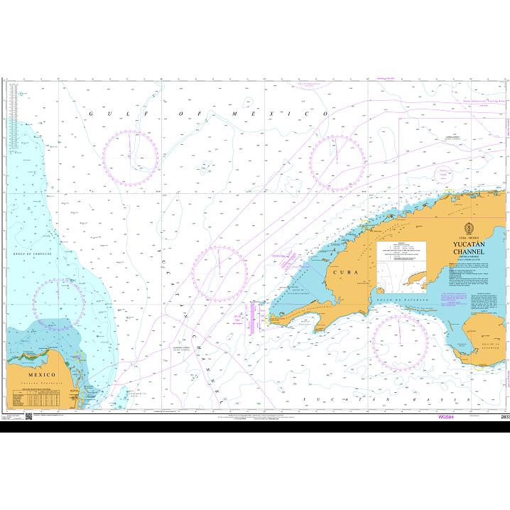 Product image of Admiralty Chart 2833 | Yucatan Channel, featuring navigational markings, depth soundings, and coastal features, essential for safe marine navigation. It could be displayed as an art piece or used for navigation on a boat or ship.