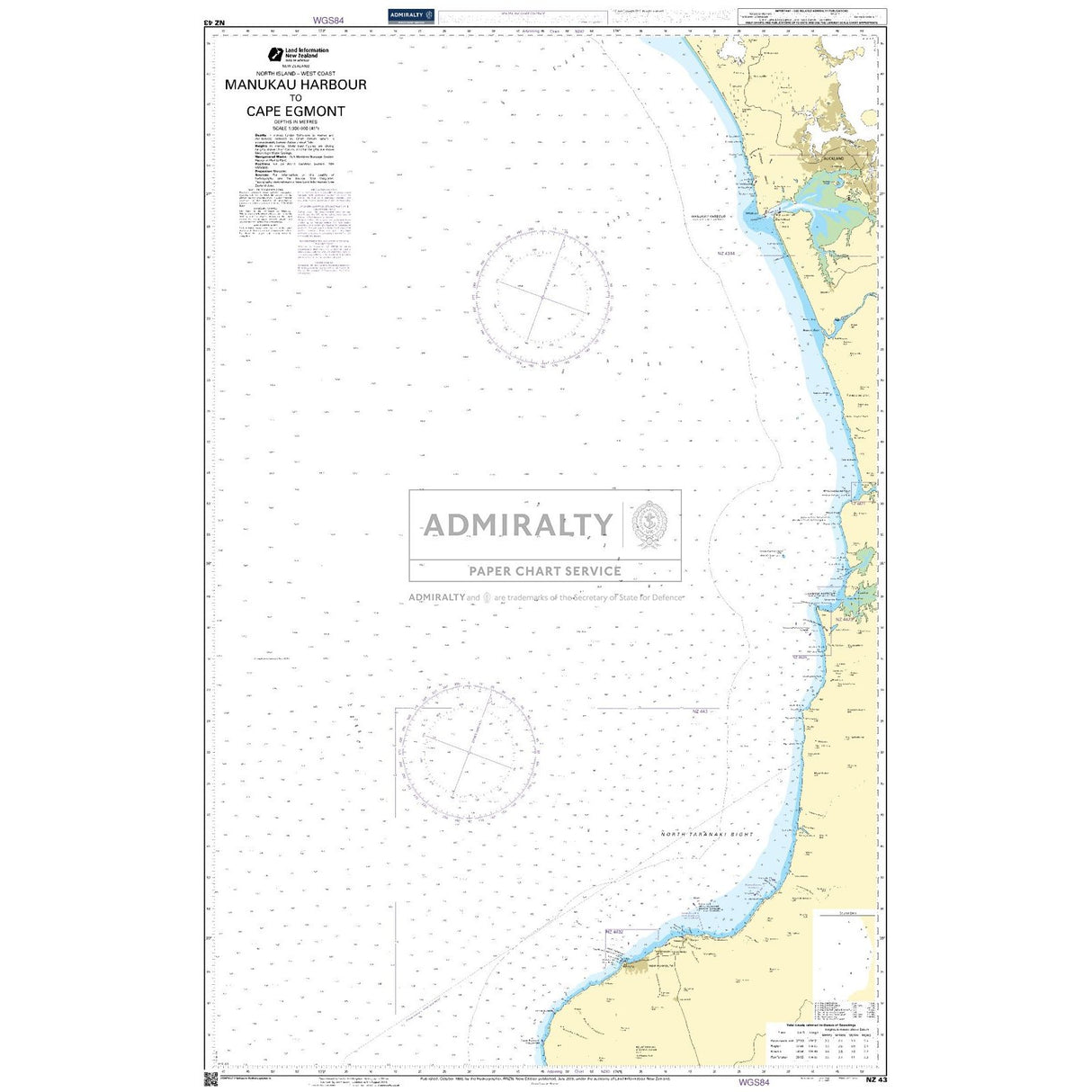 Admiralty Chart NZ43: Manukau Harbour to Cape Egmont by Admiralty details the west coast of New Zealand’s North Island, showing coastal features, water depths, and navigational markers. Produced by the United Kingdom Hydrographic Office.