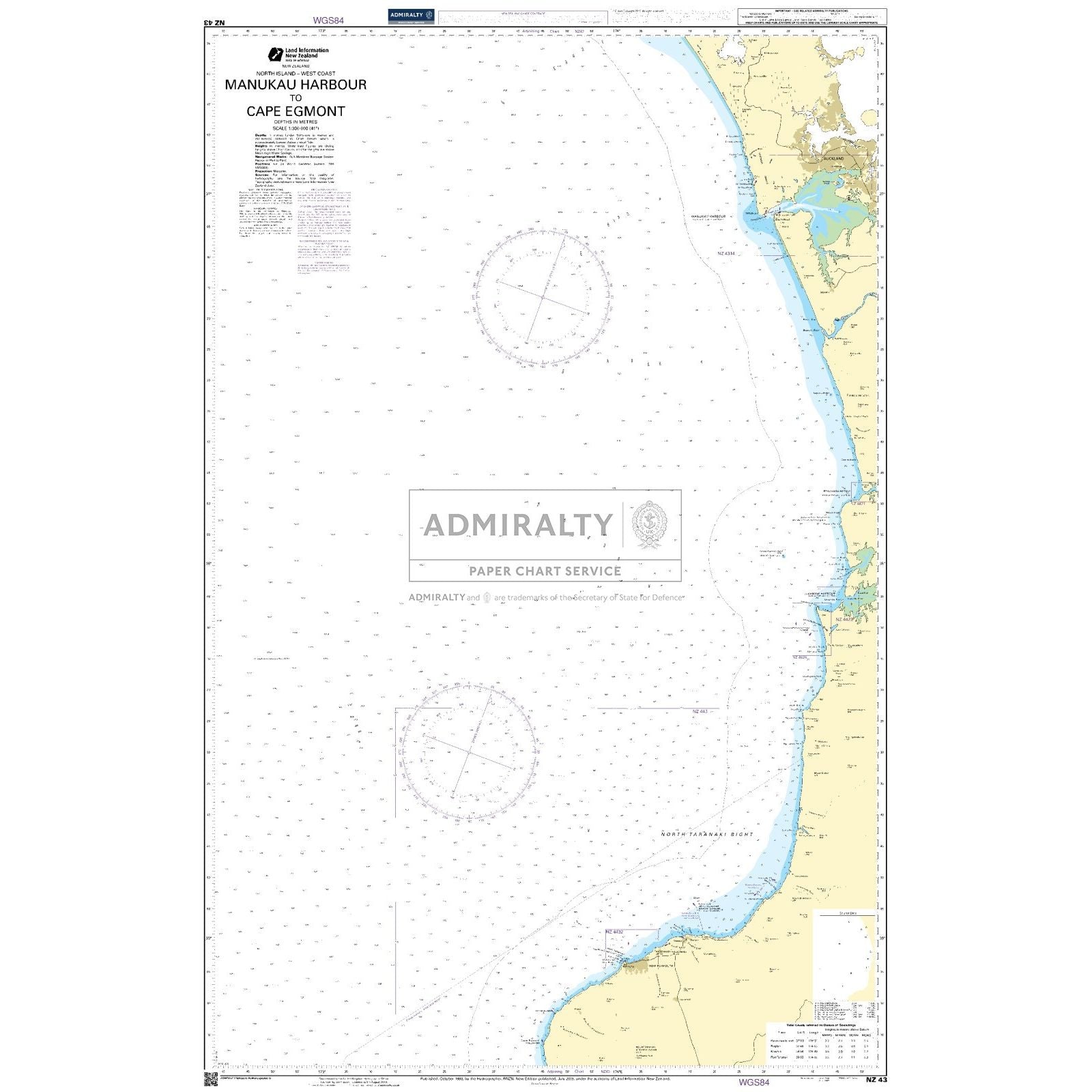 Admiralty Chart NZ43: Manukau Harbour to Cape Egmont by Admiralty details the west coast of New Zealand’s North Island, showing coastal features, water depths, and navigational markers. Produced by the United Kingdom Hydrographic Office.