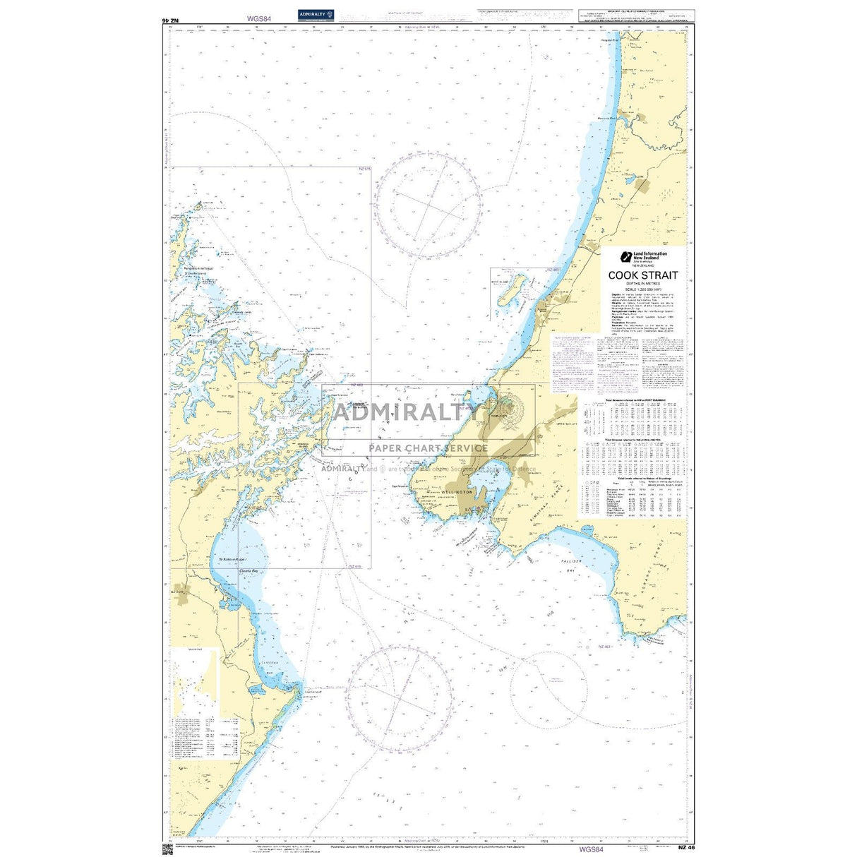 Admiralty Chart NZ46: Cook Strait by Admiralty details coastal outlines, depths, navigational aids, key North and South Island sites, tidal data, and compass roses—ideal for accurate maritime navigation in New Zealand’s Cook Strait.