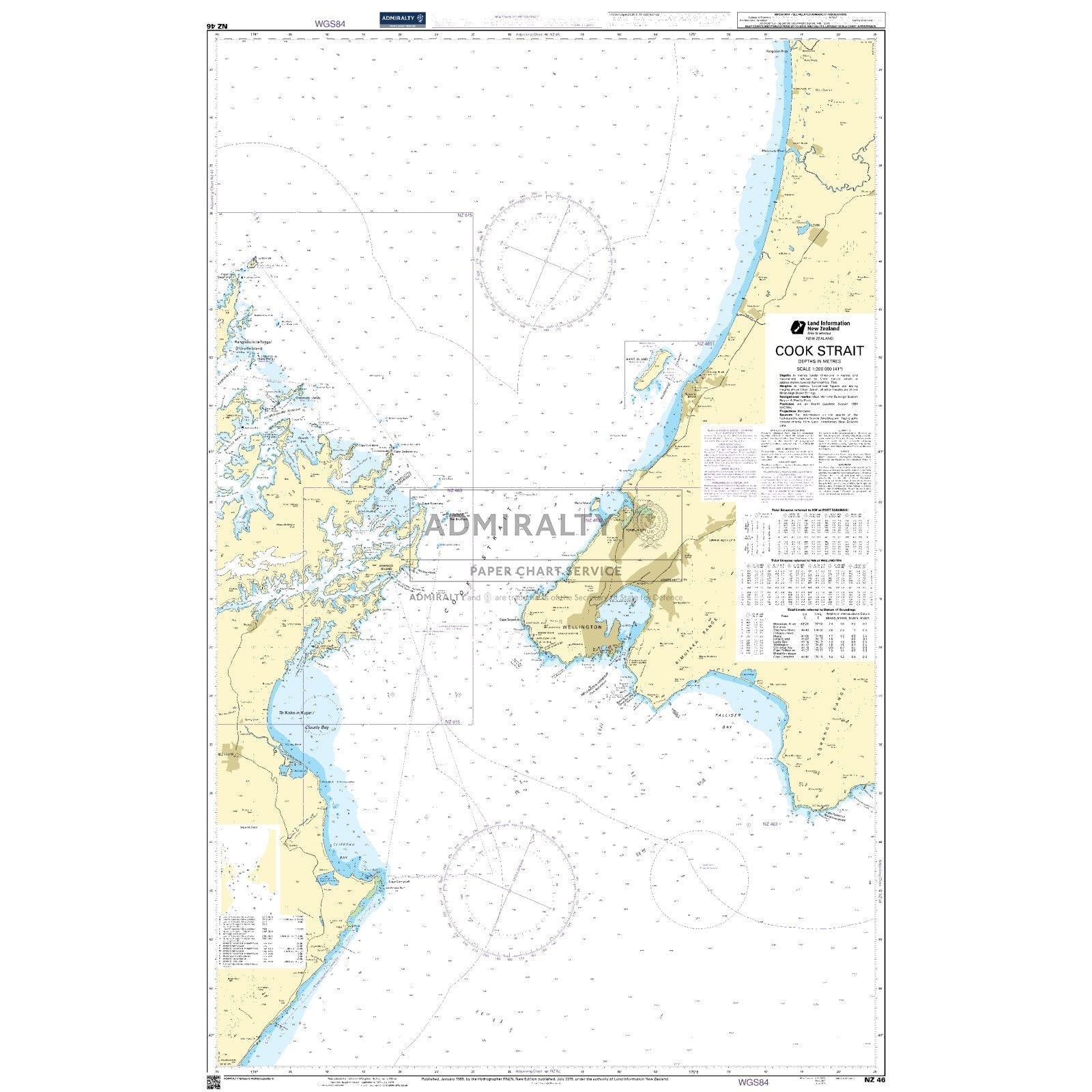 Admiralty Chart NZ46: Cook Strait by Admiralty details coastal outlines, depths, navigational aids, key North and South Island sites, tidal data, and compass roses—ideal for accurate maritime navigation in New Zealand’s Cook Strait.