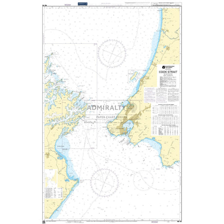 Admiralty Chart NZ46: Cook Strait by Admiralty details coastal outlines, depths, navigational aids, key North and South Island sites, tidal data, and compass roses—ideal for accurate maritime navigation in New Zealand’s Cook Strait.