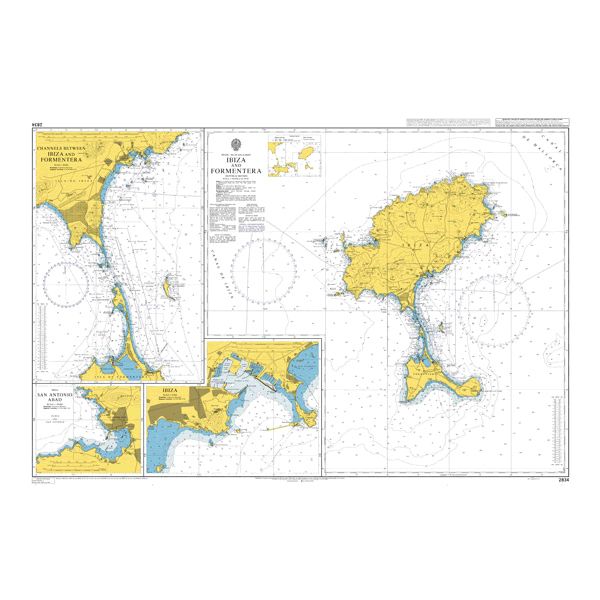 Product image of Admiralty Chart 2834 | Ibiza and Formentera, featuring navigational markings, depth soundings, and coastal features, essential for safe marine navigation. It could be displayed as an art piece or used for navigation on a boat or ship.