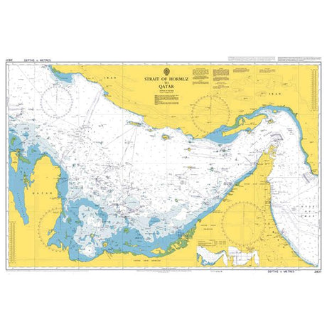 Product image of Admiralty Chart 2837 | Strait of Hormuz to Qatar, featuring navigational markings, depth soundings, and coastal features, essential for safe marine navigation. It could be displayed as an art piece or used for navigation on a boat or ship.