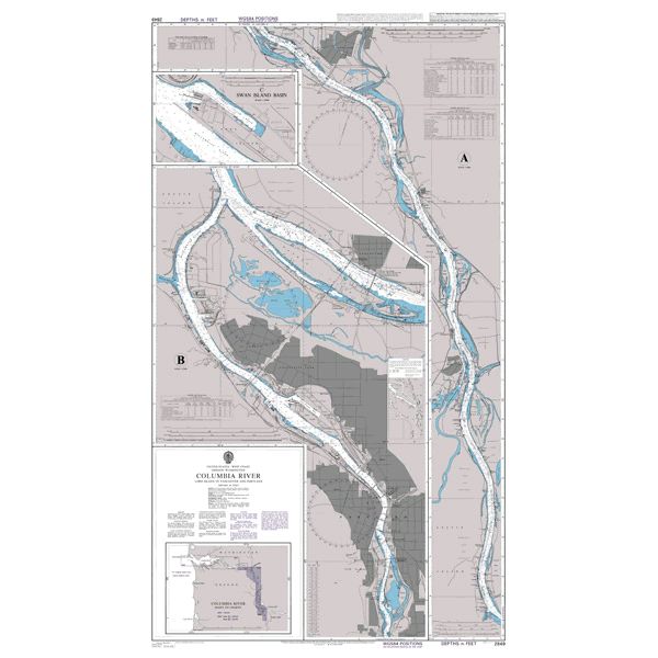 Product image of Admiralty Chart 2849 | Columbia River Lord Island to Vancouver and Portland, featuring navigational markings, depth soundings, and coastal features, essential for safe marine navigation. It could be displayed as an art piece or used for navigation on a boat or ship.