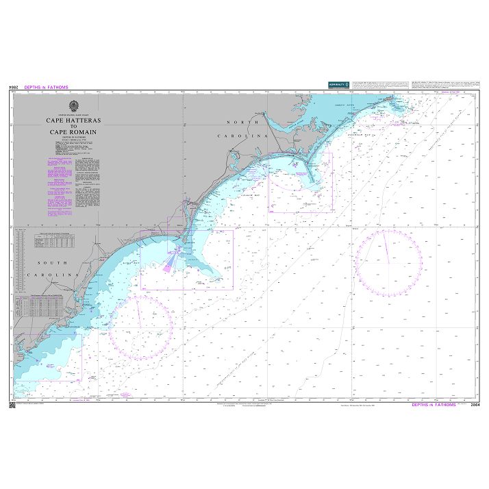 Product image of Admiralty Chart 2864 | Cape Hatteras to Cape Romain, featuring navigational markings, depth soundings, and coastal features, essential for safe marine navigation. It could be displayed as an art piece or used for navigation on a boat or ship.