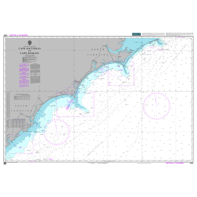 Product image of Admiralty Chart 2864 | Cape Hatteras to Cape Romain, featuring navigational markings, depth soundings, and coastal features, essential for safe marine navigation. It could be displayed as an art piece or used for navigation on a boat or ship.