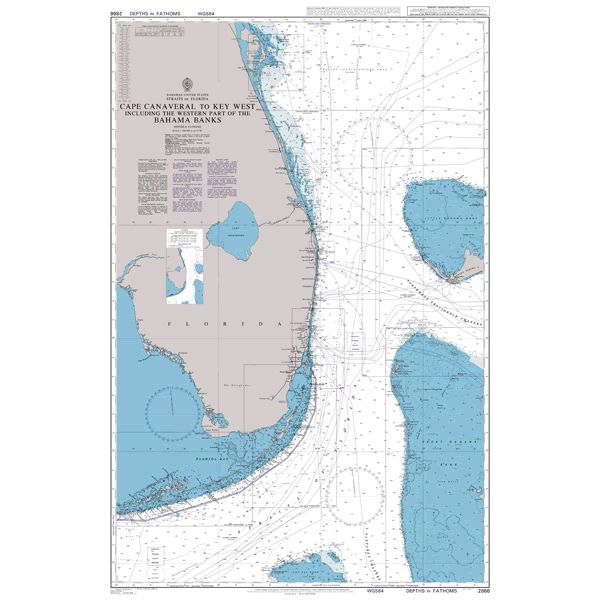 Product image of Admiralty Chart 2866 | Cape Canaveral to Key West including the Western Part of the Bahama Banks, featuring navigational markings, depth soundings, and coastal features, essential for safe marine navigation. It could be displayed as an art piece or used for navigation on a boat or ship.