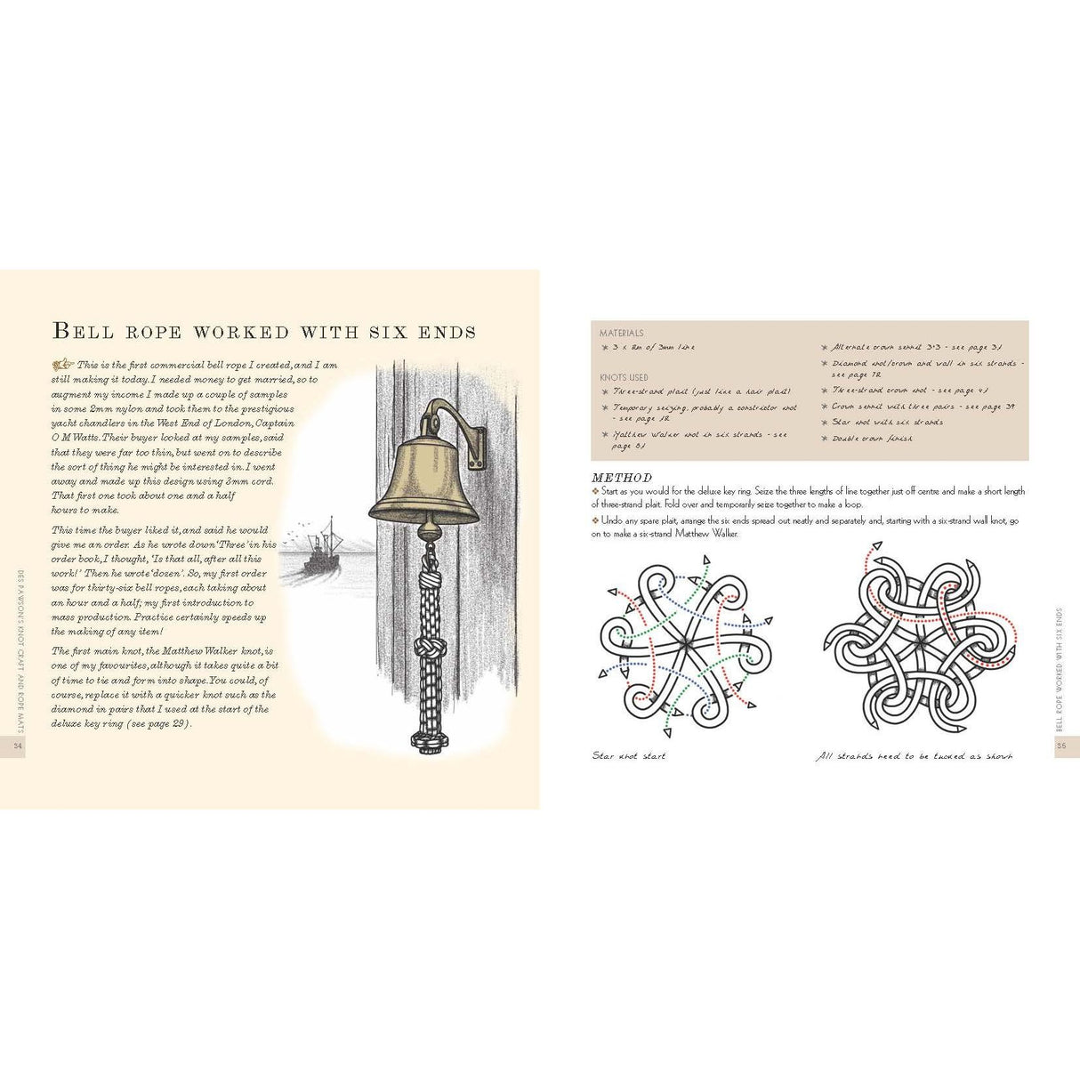 A spread from "Des Pawson's Knot Craft and Rope Mats" by Adlard Coles highlights knot art with a bell and rope drawing on the left, and materials, notes, plus Pawson's method with a knot diagram illustrated on the right.