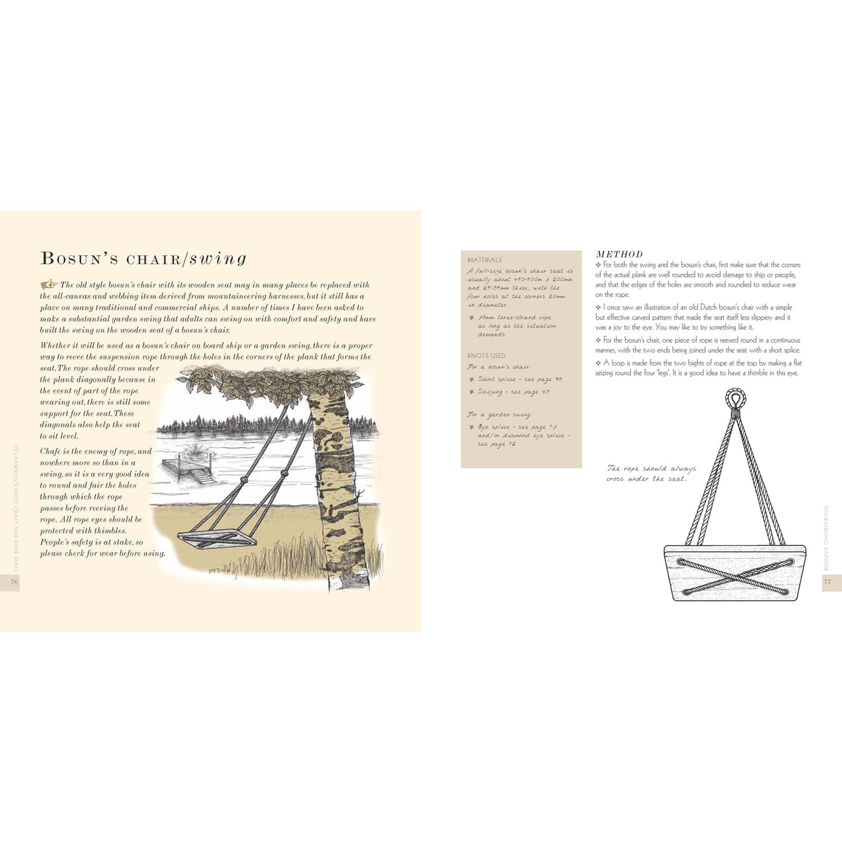 A two-page spread in "Des Pawson's Knot Craft and Rope Mats" by Adlard Coles guides you in making a Bosun's chair swing. The left page has an illustrated swing from a tree and text detailing the project, while the right lists materials and methods, enhanced by Des Pawson's knot expertise.