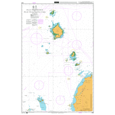 Product image of Admiralty Chart 2868 | Pulau Tokongkemudi to Pulau-Pulau Natuna Utara, featuring navigational markings, depth soundings, and coastal features, essential for safe marine navigation. It could be displayed as an art piece or used for navigation on a boat or ship.