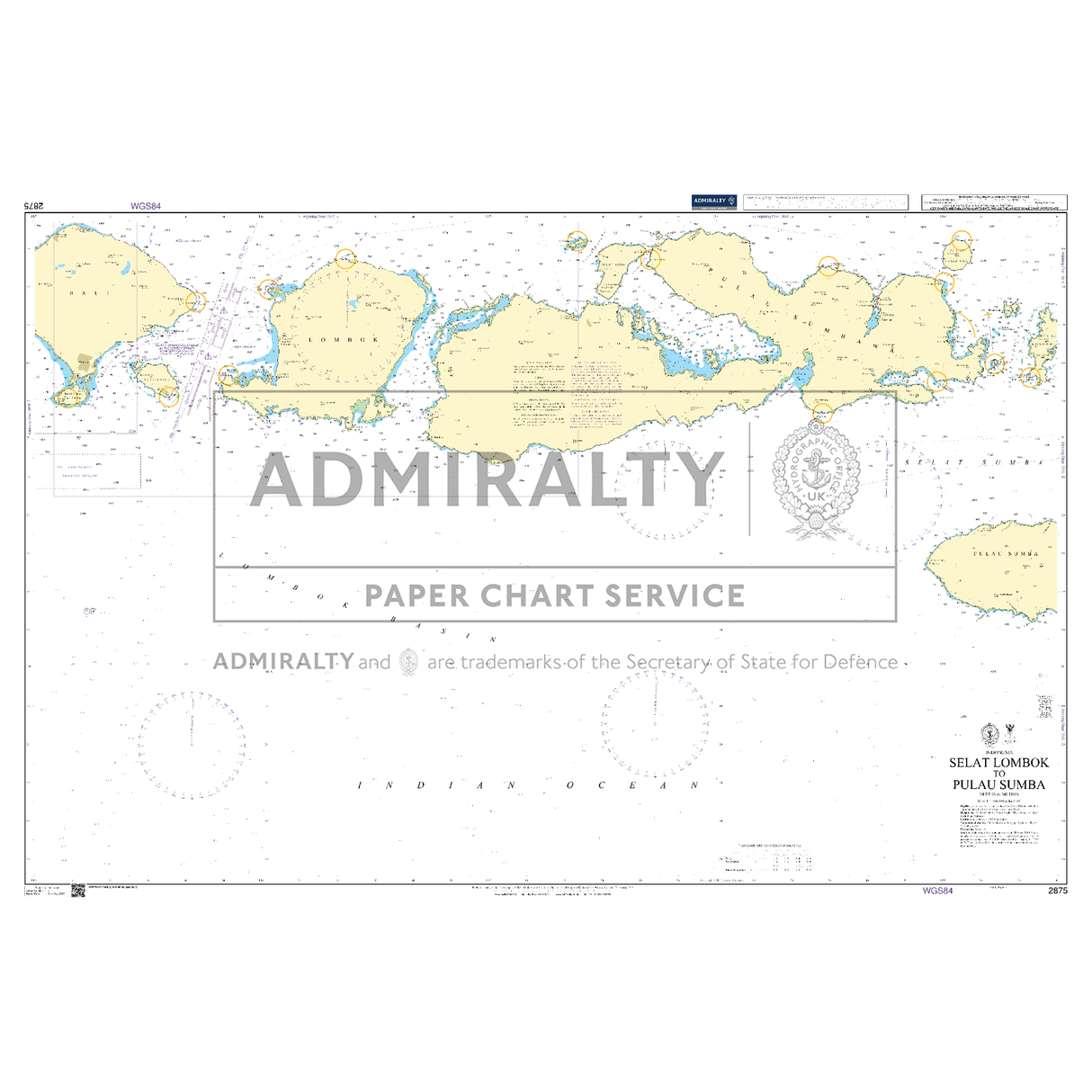 Product image of Admiralty Chart 2875 | Selat Lombok to Pulau Sumba, featuring navigational markings, depth soundings, and coastal features, essential for safe marine navigation. It could be displayed as an art piece or used for navigation on a boat or ship.