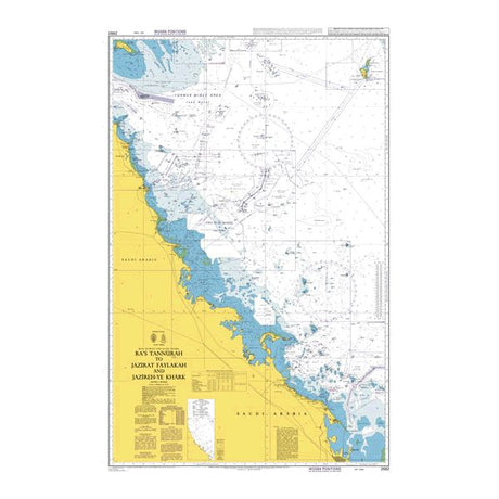 Product image of Admiralty Chart 2882 | Ra's Tannurah to Jazirat Faylakah and Jazireh-ye Khark, featuring navigational markings, depth soundings, and coastal features, essential for safe marine navigation. It could be displayed as an art piece or used for navigation on a boat or ship.