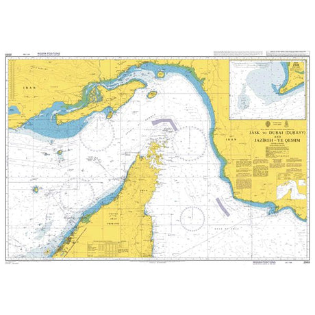 Product image of Admiralty Chart 2888 | Jask to Dubai (Dubayy) and Jazireh-ye Qeshm, featuring navigational markings, depth soundings, and coastal features, essential for safe marine navigation. It could be displayed as an art piece or used for navigation on a boat or ship.