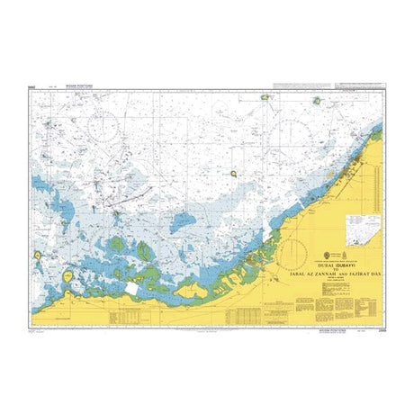 Product image of Admiralty Chart 2889 | Dubai (Dubayy) to Jabal Az Zannah and Jazirat Das, featuring navigational markings, depth soundings, and coastal features, essential for safe marine navigation. It could be displayed as an art piece or used for navigation on a boat or ship.