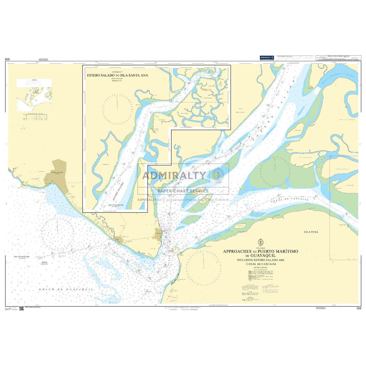 Admiralty Chart 509 details the approaches to Puerto MarĂtimo de Guayaquil, including Estero Salado and Canal de Cascajal, with labeled waterways, depths, land areas, navigation aids, and inset maps. Brand: Admiralty.