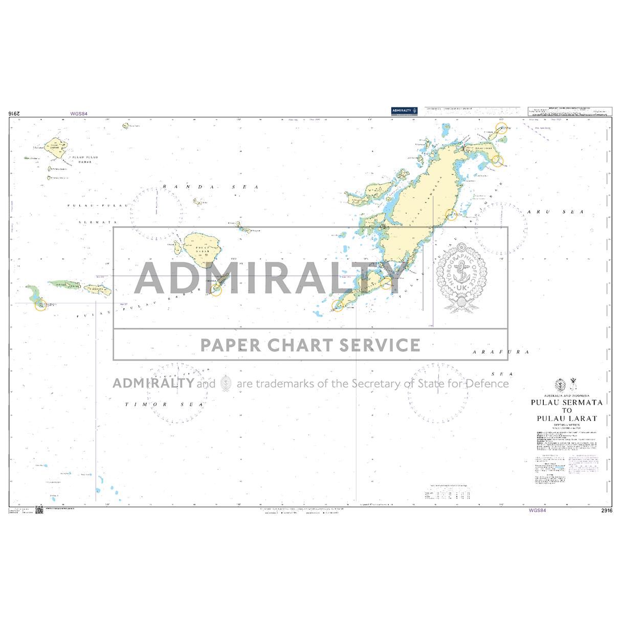 Product image of Admiralty Chart 2916 | Pulau Sermata to Pulau Larat, featuring navigational markings, depth soundings, and coastal features, essential for safe marine navigation. It could be displayed as an art piece or used for navigation on a boat or ship.