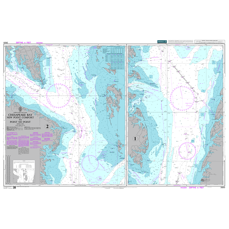 Product image of Admiralty Chart 2920 | Chesapeake Bay New Point Comfort to Point No Point, featuring navigational markings, depth soundings, and coastal features, essential for safe marine navigation. It could be displayed as an art piece or used for navigation on a boat or ship.