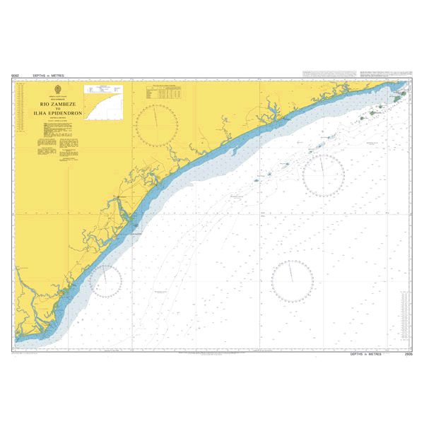 Product image of Admiralty Chart 2935 | Rio Zambeze to Ilha Epidendron, featuring navigational markings, depth soundings, and coastal features, essential for safe marine navigation. It could be displayed as an art piece or used for navigation on a boat or ship.