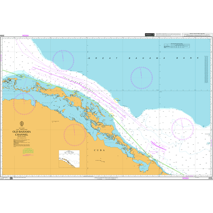 Product image of Admiralty Chart 2958 | Old Bahama Channel, featuring navigational markings, depth soundings, and coastal features, essential for safe marine navigation. It could be displayed as an art piece or used for navigation on a boat or ship.