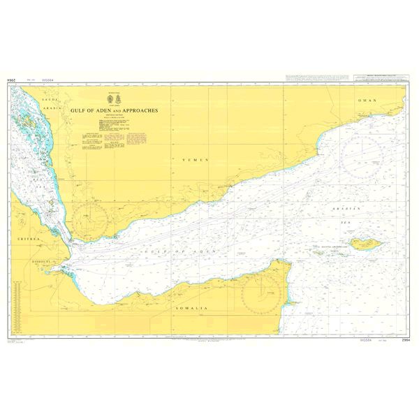 Product image of Admiralty Chart 2964 | Gulf of Aden and Approaches, featuring navigational markings, depth soundings, and coastal features, essential for safe marine navigation. It could be displayed as an art piece or used for navigation on a boat or ship.