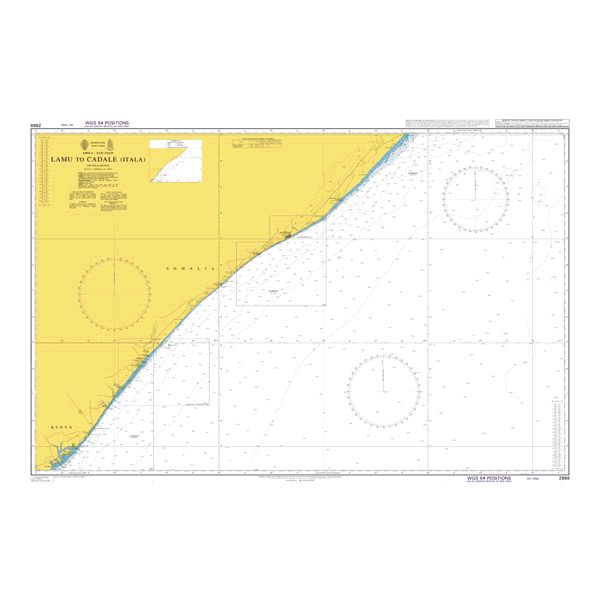 Product image of Admiralty Chart 2968 | Lamu to Cadale (Itala), featuring navigational markings, depth soundings, and coastal features, essential for safe marine navigation. It could be displayed as an art piece or used for navigation on a boat or ship.