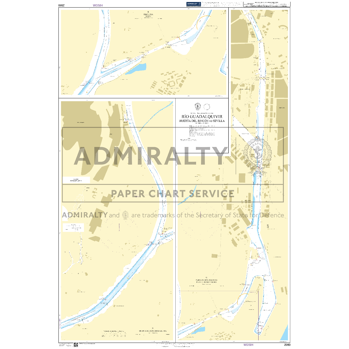 Product image of Admiralty Chart 2980 | Rio Guadalquivir Huerta del Rincon to Sevilla, featuring navigational markings, depth soundings, and coastal features, essential for safe marine navigation. It could be displayed as an art piece or used for navigation on a boat or ship.