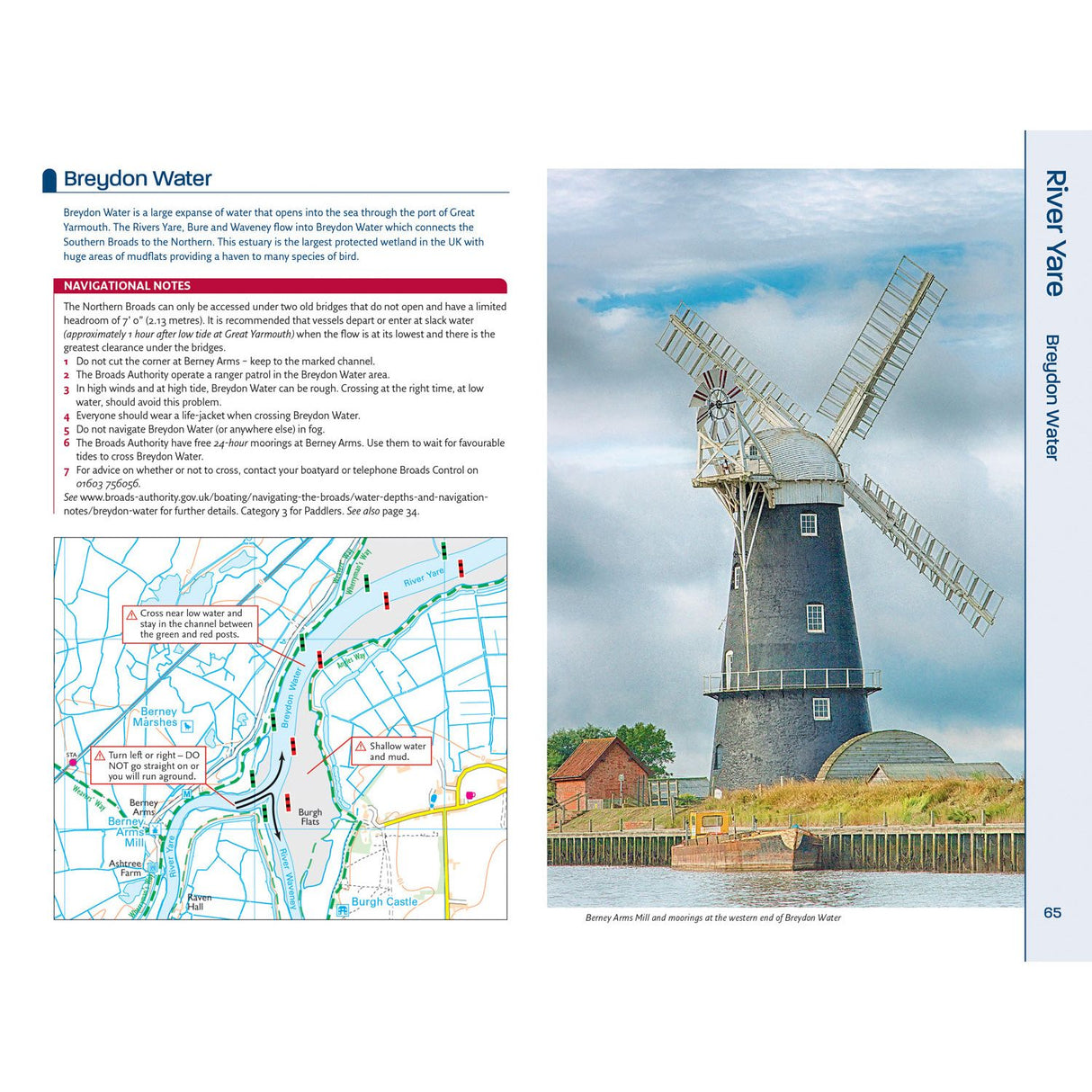 A page from the Nicholson Waterways Guide 8: Norfolk Broads shows a map of Breydon Water with navigation notes and a photo of the white Berney Arms Mill windmill beside the water in Broads National Park under a partly cloudy sky.
