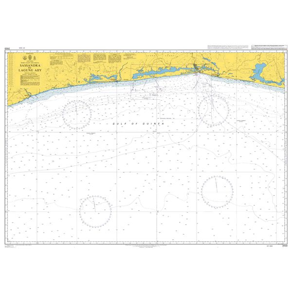 Product image of Admiralty Chart 3100 | Sassandra to Lagune Aby, featuring navigational markings, depth soundings, and coastal features, essential for safe marine navigation. It could be displayed as an art piece or used for navigation on a boat or ship.