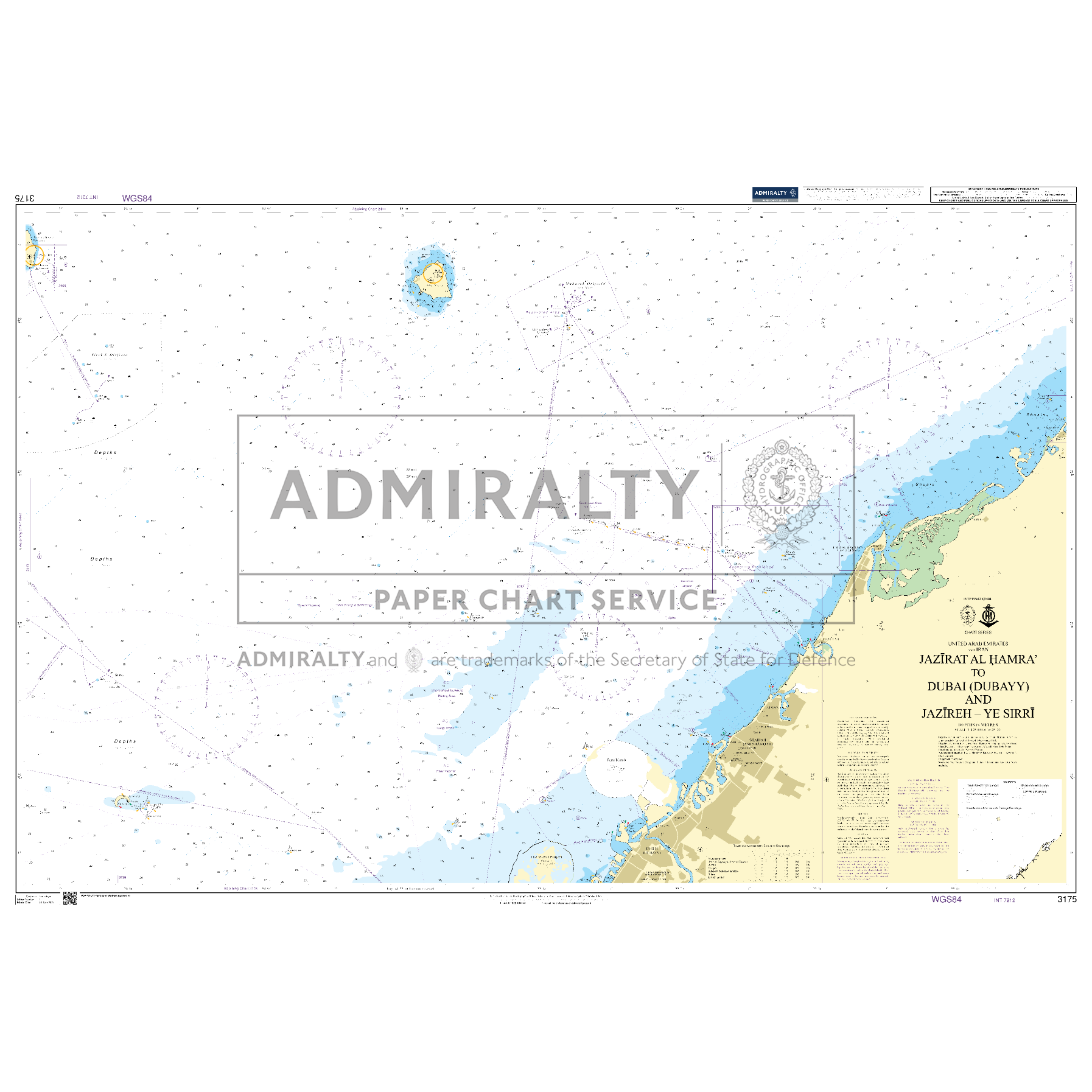 Product image of Admiralty Chart 3175 | Jazirat Al Hamra' to Dubai (Dubayy) and Jazireh-ye Sirri, featuring navigational markings, depth soundings, and coastal features, essential for safe marine navigation. It could be displayed as an art piece or used for navigation on a boat or ship.