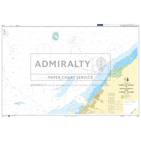 Product image of Admiralty Chart 3175 | Jazirat Al Hamra' to Dubai (Dubayy) and Jazireh-ye Sirri, featuring navigational markings, depth soundings, and coastal features, essential for safe marine navigation. It could be displayed as an art piece or used for navigation on a boat or ship.
