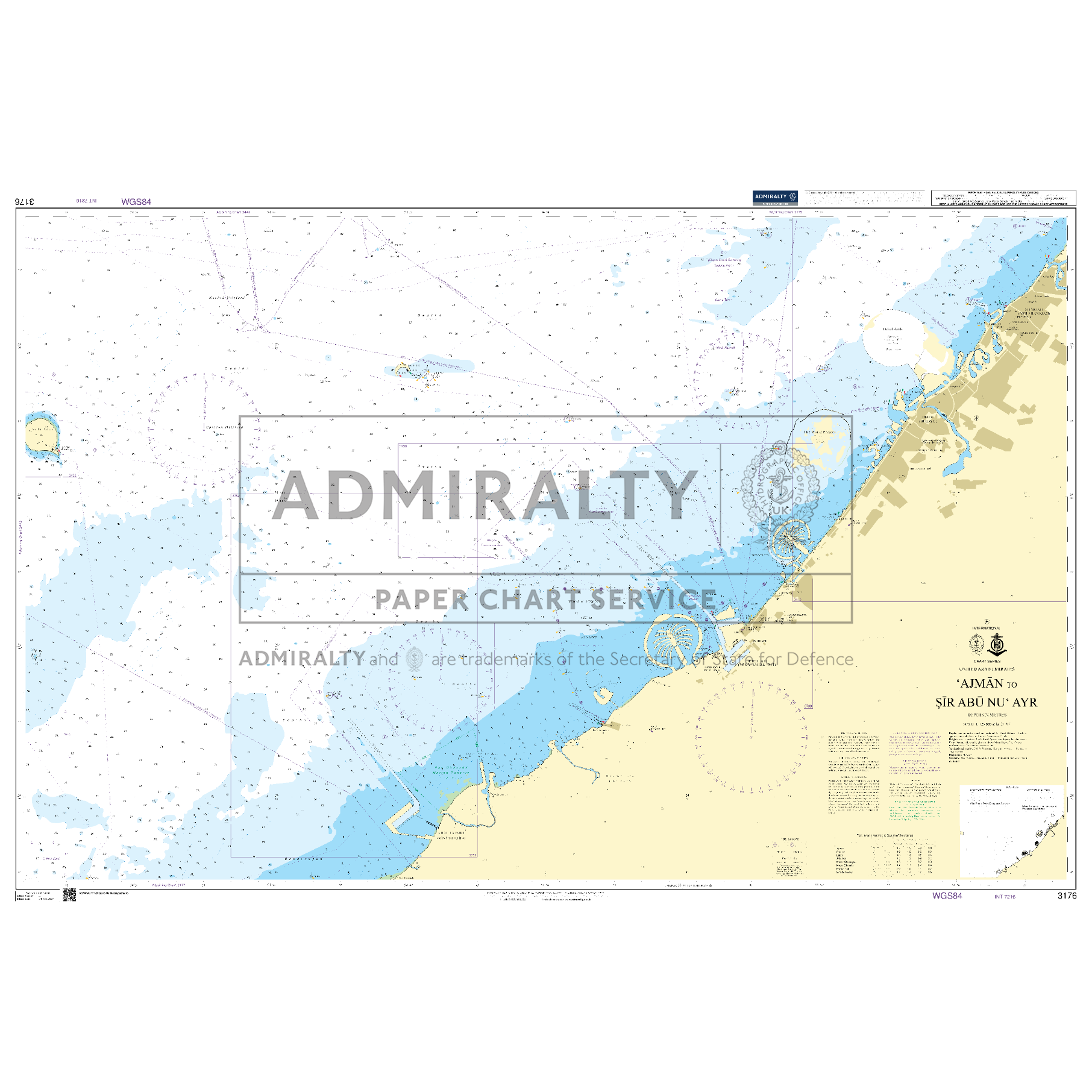 Product image of Admiralty Chart 3176 | Ajman to Sir Abu Nu Ayr, featuring navigational markings, depth soundings, and coastal features, essential for safe marine navigation. It could be displayed as an art piece or used for navigation on a boat or ship.
