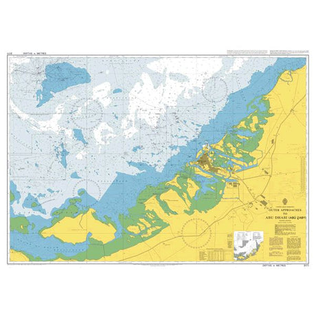 Product image of Admiralty Chart 3177 | Outer Approaches to Abu Dhabi (Abu Zaby), featuring navigational markings, depth soundings, and coastal features, essential for safe marine navigation. It could be displayed as an art piece or used for navigation on a boat or ship.
