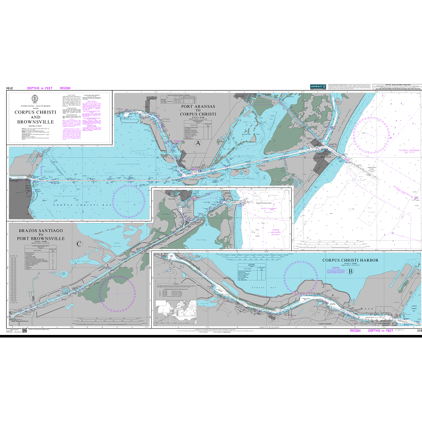 Product image of Admiralty Chart 3184 | Corpus Christi and Brownsville, featuring navigational markings, depth soundings, and coastal features, essential for safe marine navigation. It could be displayed as an art piece or used for navigation on a boat or ship.